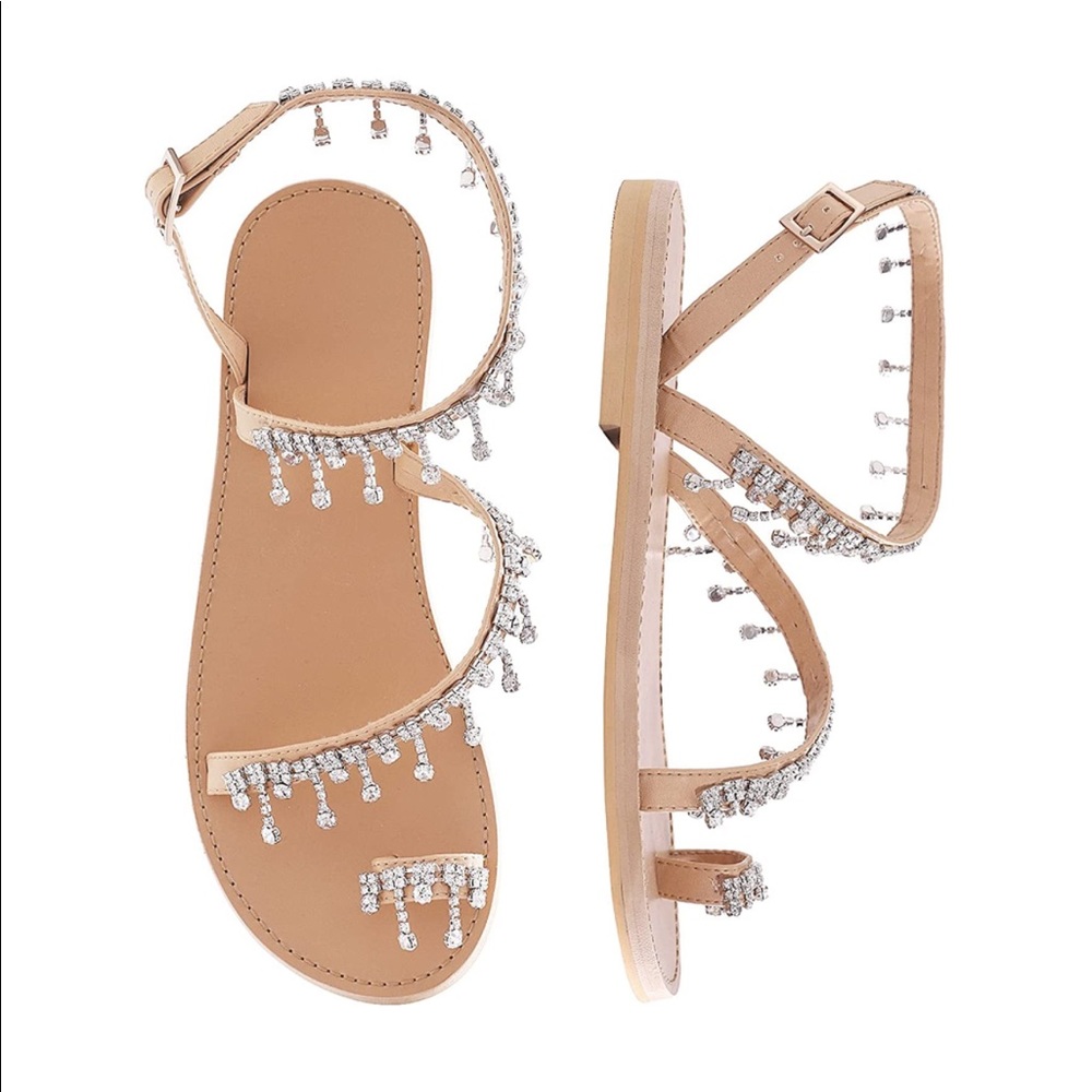 Shoe'N Tale Women's Bohemia Bling Rhinestone Pearl Flat Gladiator Sandals